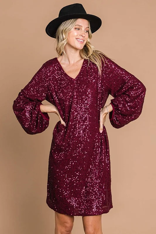 Womens sequin bubble sleeve dress in plum Sequin Evening Dress