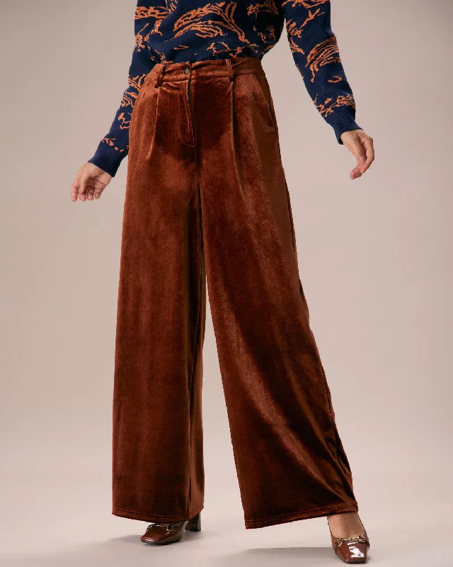 The Brown High Waisted Velvet Wide Leg Pants | Brown