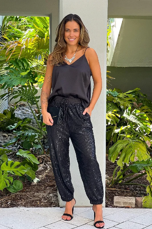 Black Sequin Pants And Satin Top Set