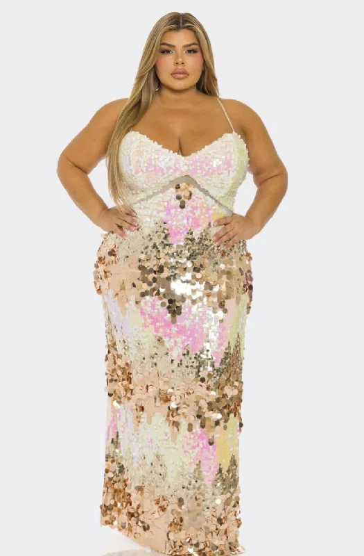 Pink Multi Color Disc Sequin Combo Maxi Dress Sequin Dress Shine