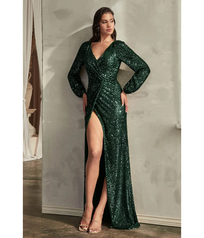 Cinderella Divine Emerald Sequin Long Sleeve Slit Evening Gown Off-shoulder Sequin