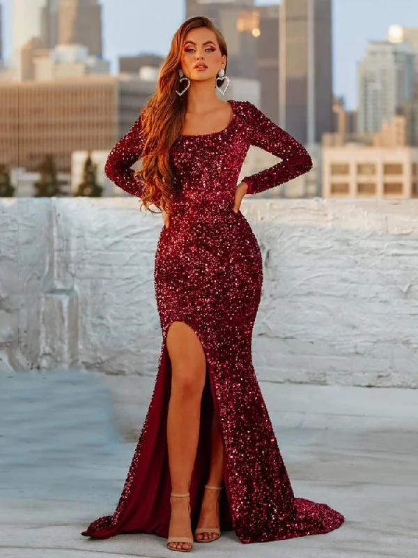 JuliaFashion-Luxury Burgundy Sequin Floor Evening Dress Strapless Sequin Dress