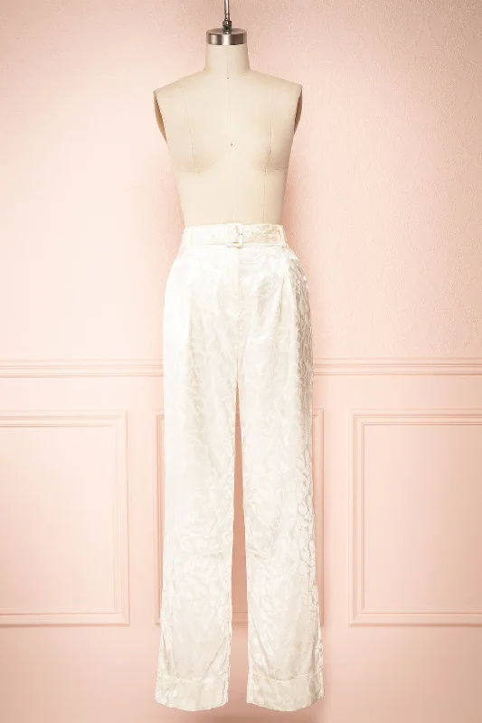 Ludita | Ivory Satin Floral Print Pants w/ Belt