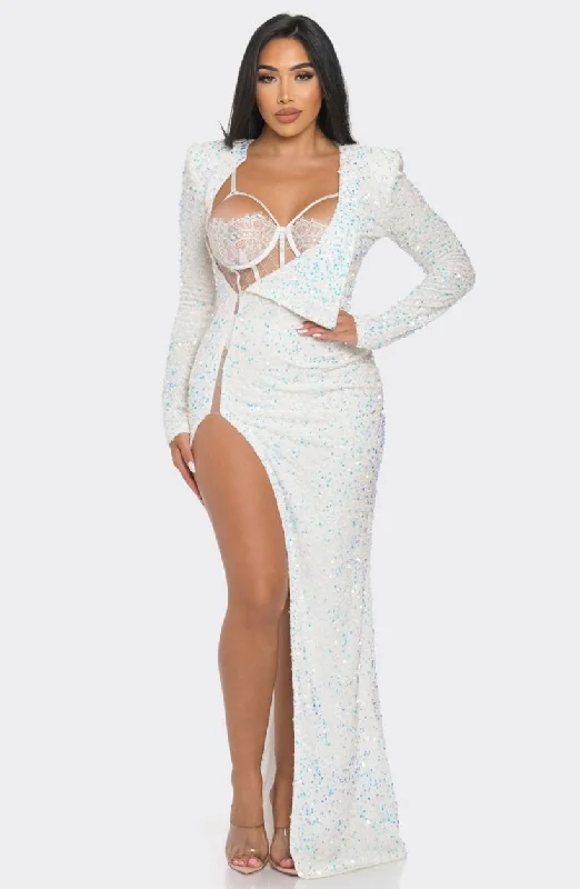 Pairs White Iridescent Sequin Maxi Long Sleeve Dress Sequin Dress Twist