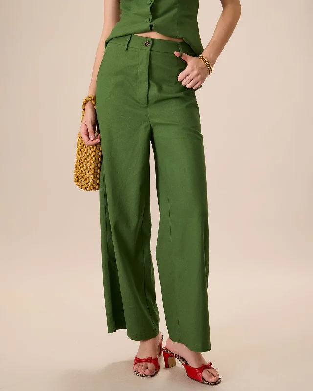 Women's Green High-Waisted Cotton Linen Wide-Leg Pants | Green