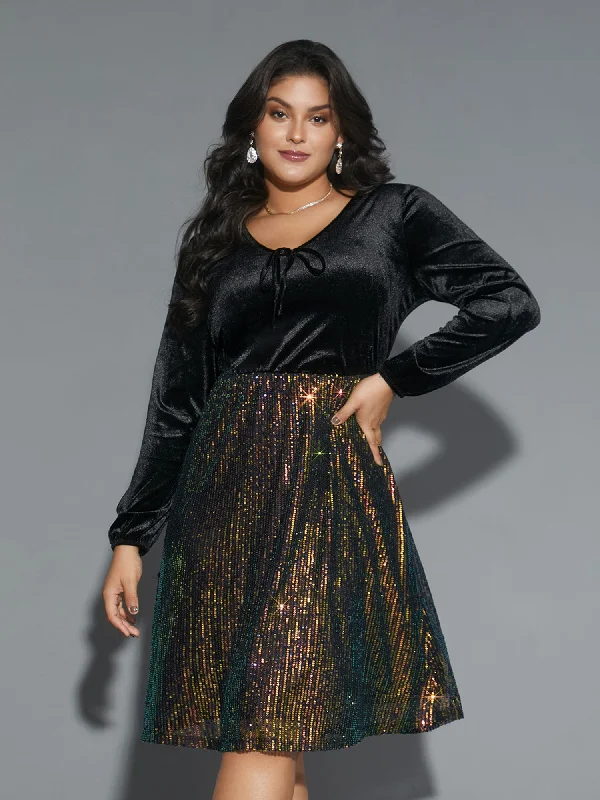 Velvet Sequin Patchwork Tie Knot Dress Sequin Cocktail Gown