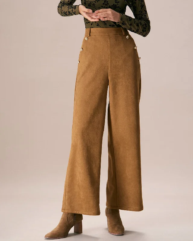 The Brown High Waisted Suede Straight Pants | Brown