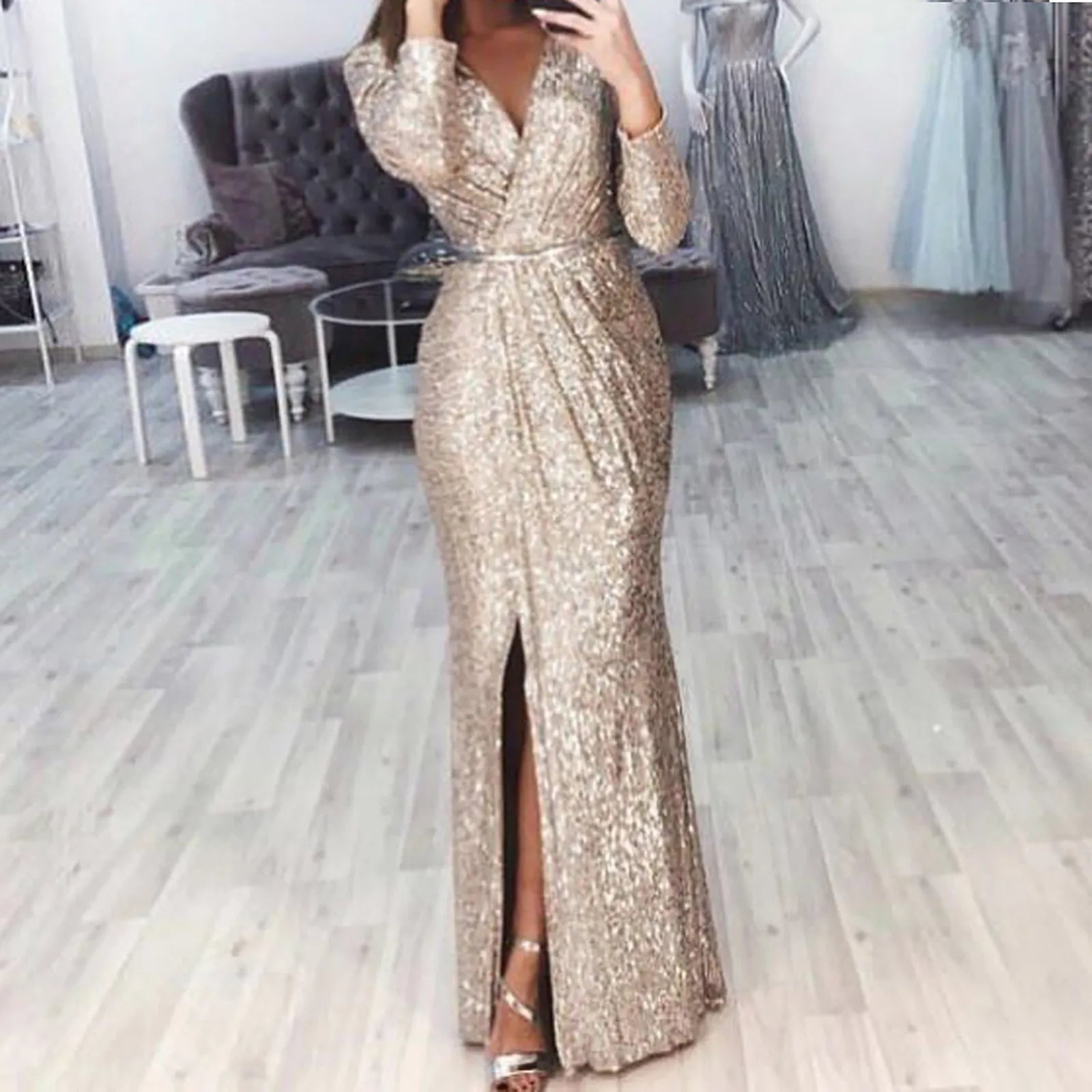 JuliaFashion - 2024 V Neck Floor Length Long Sleeve High Slit Sequin Mermaid Nightclub Evening Gowns Lady Elegant Dress Backless Sequin Dress