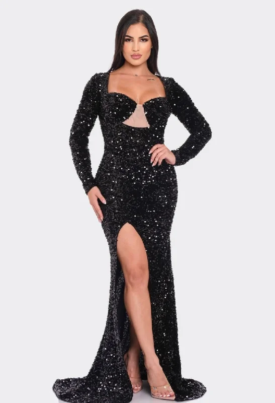 Stunning Holiday Black Sequin Long Sleeve Maxi Dress Bright Sequin Dress