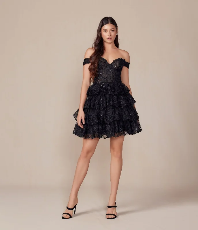 Black Embroidered Sequin Off The Shoulder A-Line Prom Dress Sequin Dress Trendy