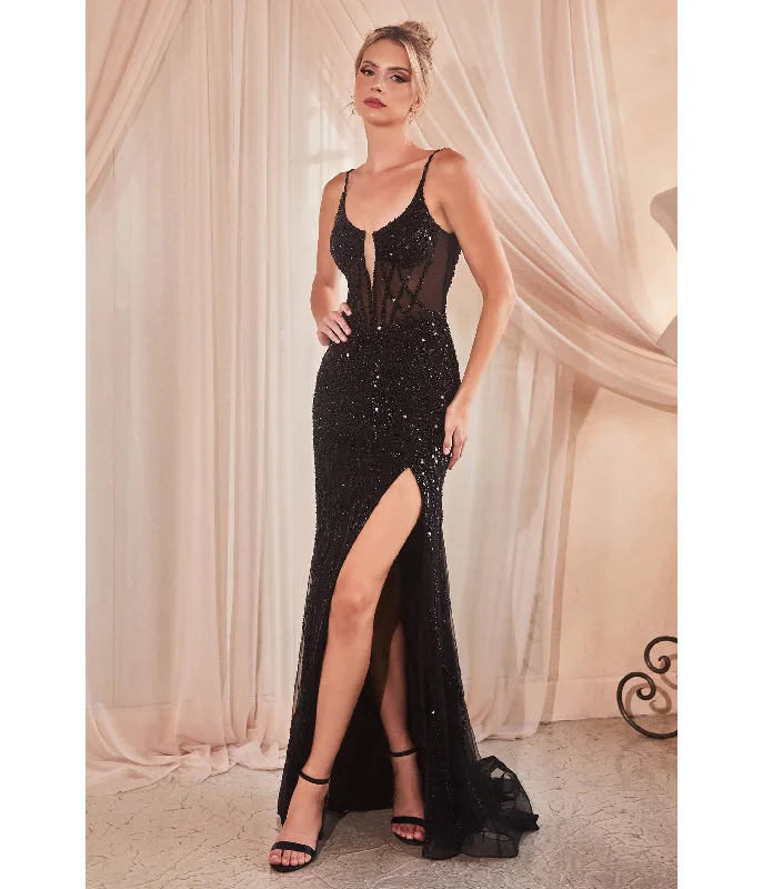 Cinderella Divine  Black Sequin Beaded High Slit Fitted Prom Gown Sequin Dress Vibe