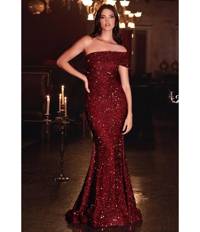 Cinderella Divine  Burgundy Sequin One Shoulder Mermaid Prom Gown Sequin Party Dress