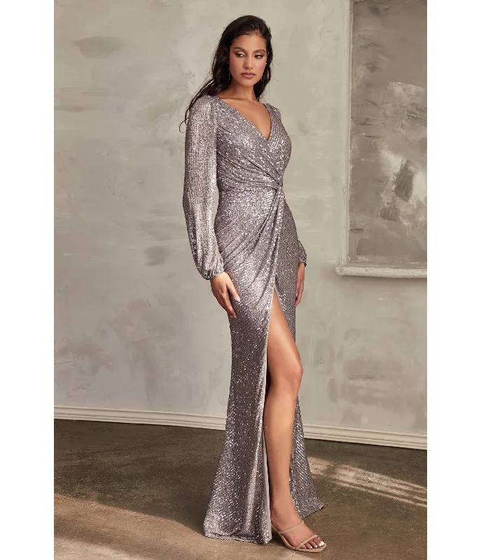 Cinderella Divine  Dark Silver Sequin Long Sleeve Slit Evening Gown High Waist Sequin