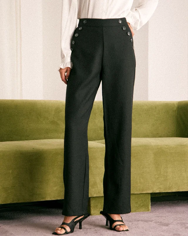 The Black High Waisted Button Straight Pants | Black