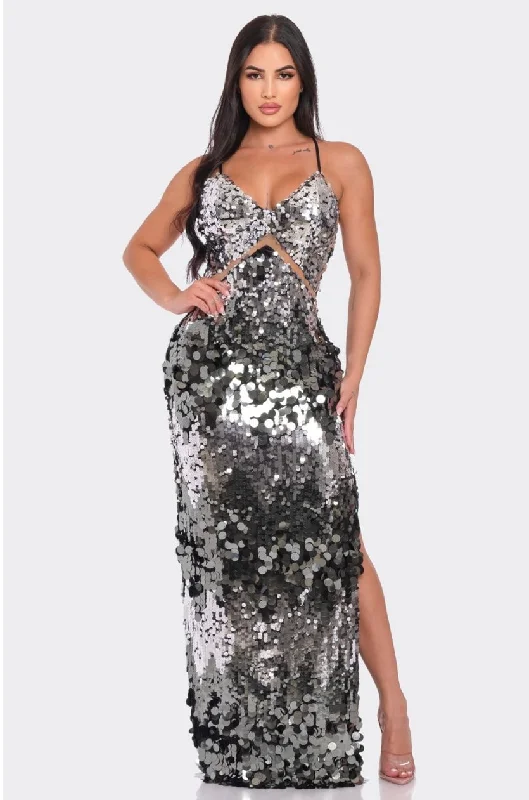 Star Silver Disc Sequin Combo Maxi Dress Sleek Sequin Dress