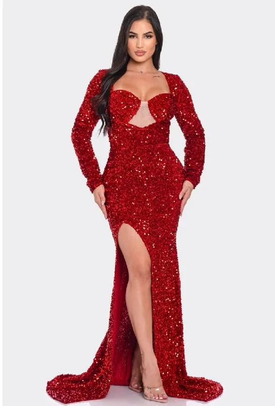 Stunning Holiday Red Sequin  Long Sleeve Maxi Dress Classy Sequin Dress