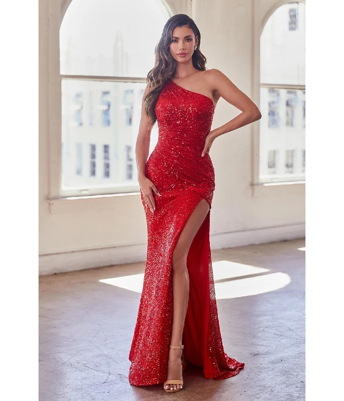 Cinderella Divine Red Sequin One Shoulder Slit Evening Gown Silver Sequin Dress