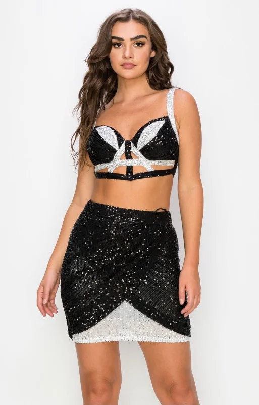 Dance With Me 2 Pc Black & White Sequin Skirt Set Black Sequin Dress