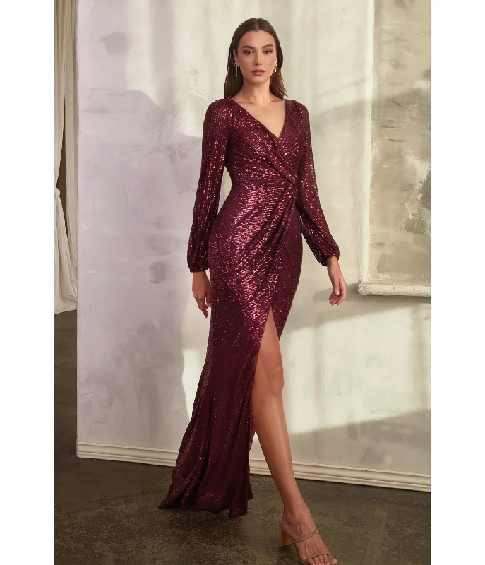 Cinderella Divine  Burgundy Sequin Long Sleeve Slit Evening Gown Sparkly Sequin Dress