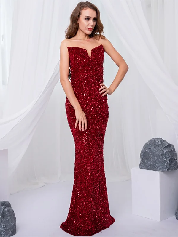 JuliaFashion - 2024 Sequin Strapless Evening Sexy V-Neck Dress Beautiful Sequin Dress