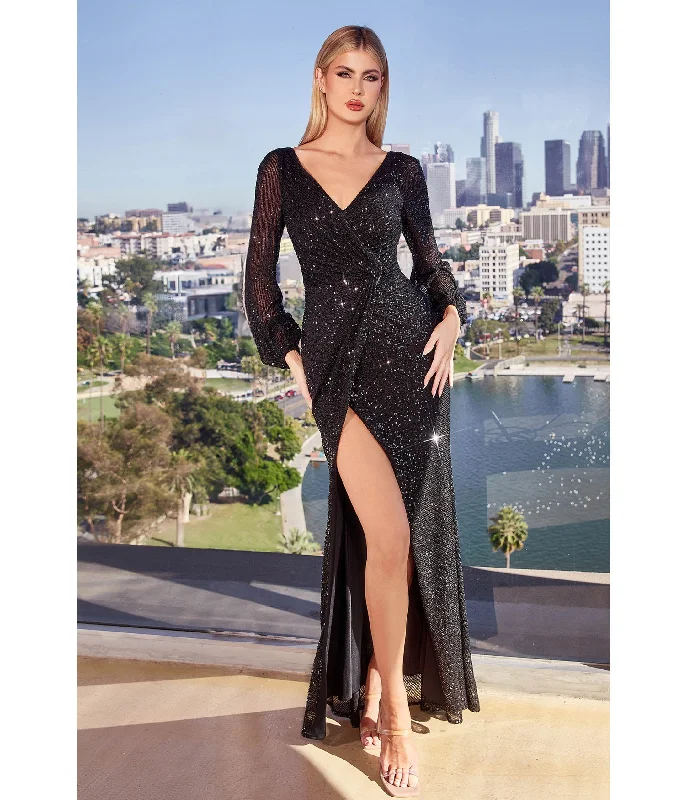 Cinderella Divine  Black Sequin Long Sleeve Slit Evening Gown Sequin Dress Long