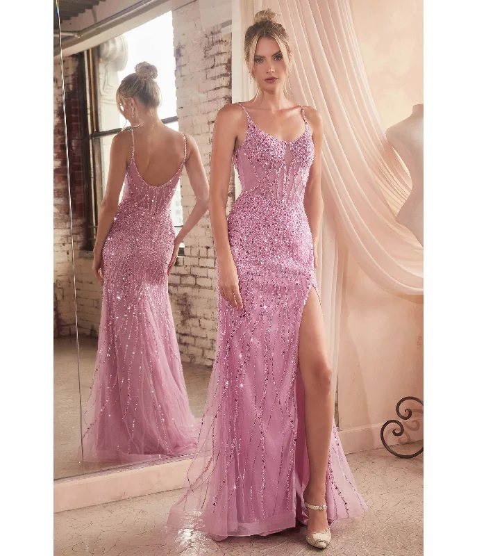 Cinderella Divine  Blossom Pink Sequin Beaded High Slit Fitted Prom Gown Glitter Sequin Dress