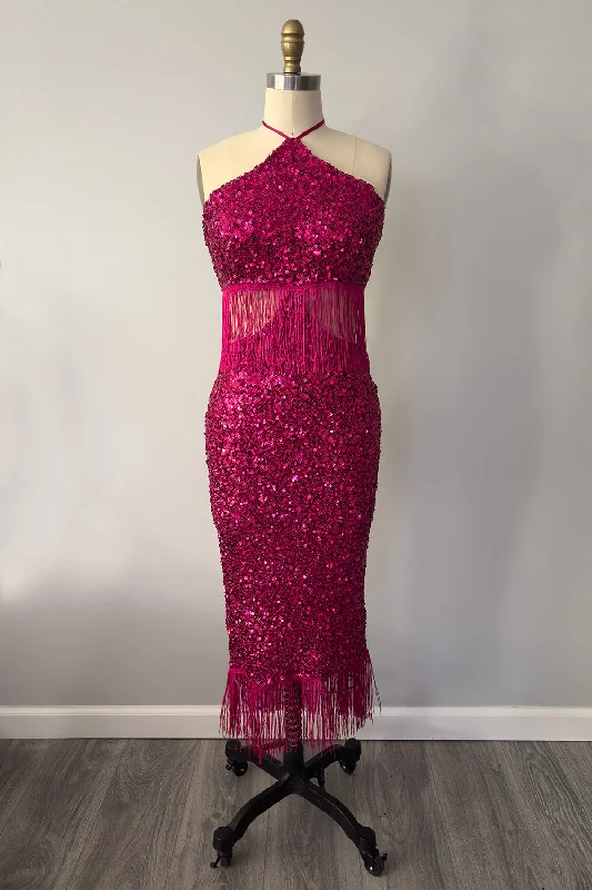 Holiday-A-GO-GO Sequin Dress with Fringe in Pink Sequin Dress Sparkle