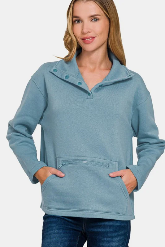 Zenana Turtleneck Half Snap Fleece Sweatshirt In Blue Lightweight Hoodie Sweatshirt