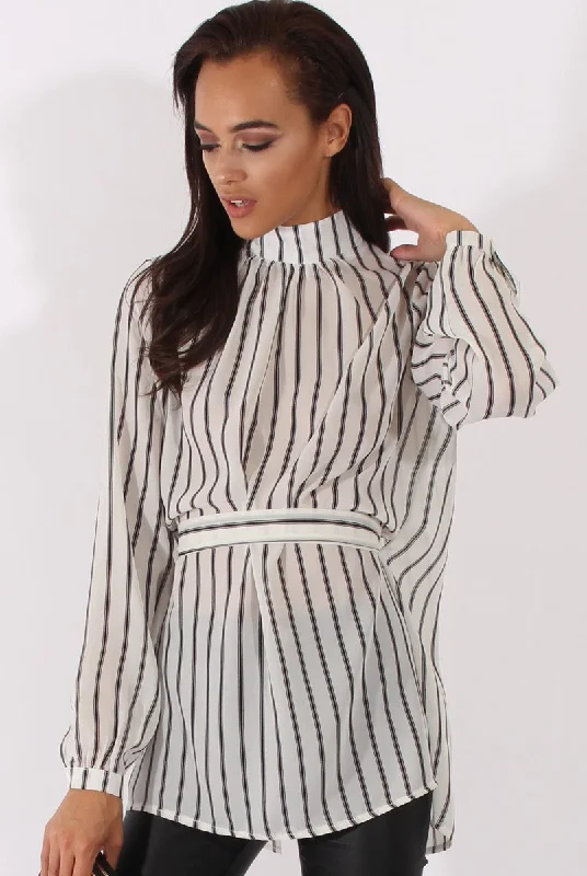 White Striped Tie Waist Open Back Shirt - Carina