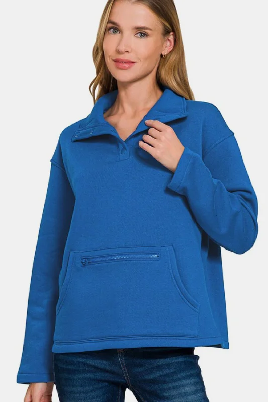 Zenana Turtleneck Half Snap Fleece Sweatshirt In Blue Graphic Hoodie Sweatshirt