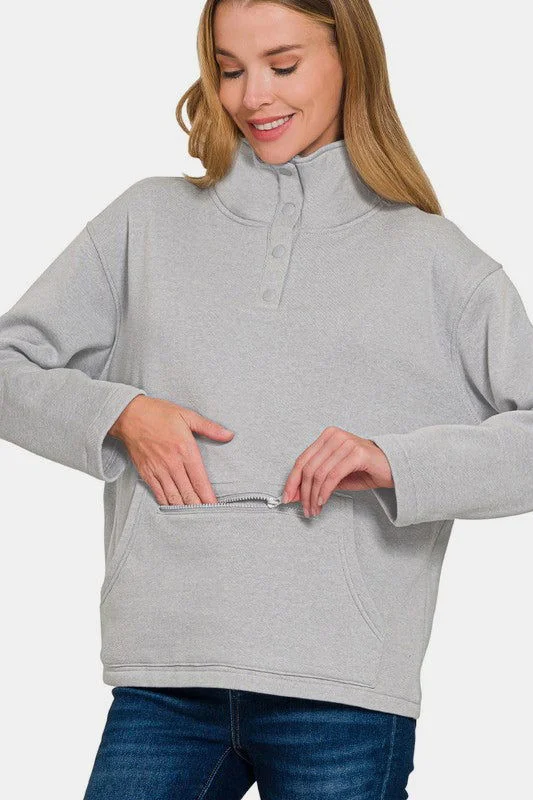 Zenana Turtleneck Half Snap Fleece Sweatshirt In Gray Everyday Hoodie Sweatshirt