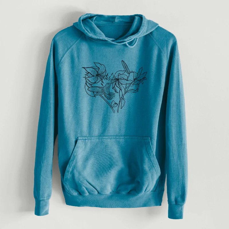 Hummingbird with Lillies Heart  - Mid-Weight Unisex Vintage 100% Cotton Hoodie Relaxed Fit Hoodie