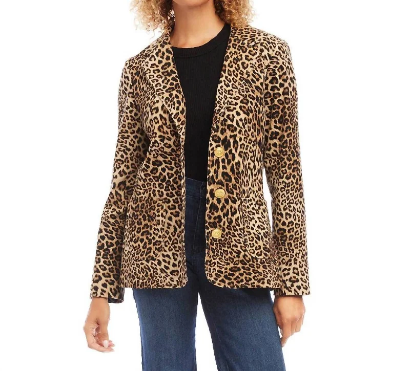 Animal Print Corduroy Jacket In Leopard Button Detail Blazer