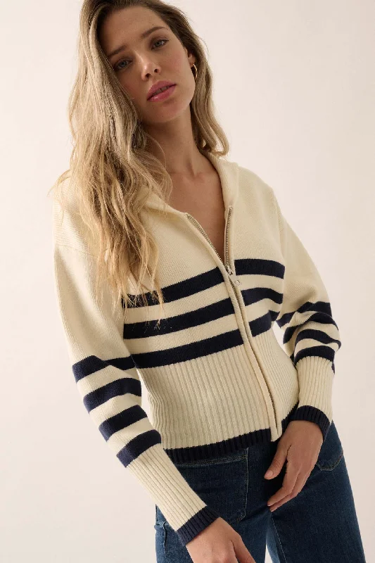 Below Deck Striped Sailor-Collar Zip-Up Cardigan