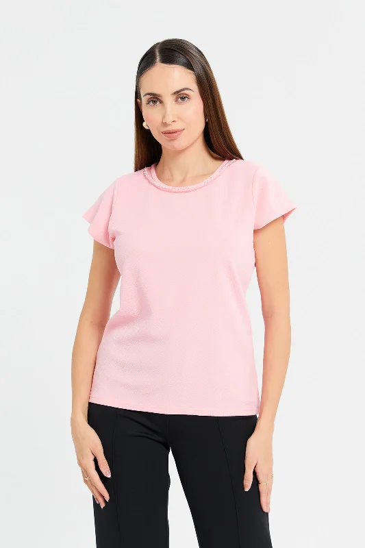 Woman Pink Embellished Neck Blouse