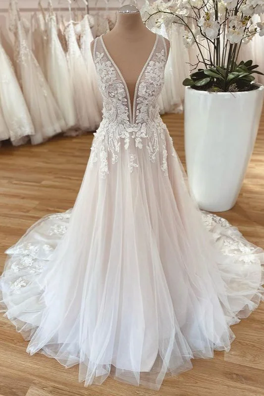 Church wedding dressesElegant A-Line Wide Strap Tulle Floor-Length Wedding Dress with Floral Lace Simple Wedding Dress