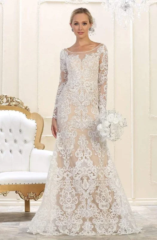 Pronovias wedding dressesMay Queen - RQ7603 Embroidered Long Sleeve Bateau Trumpet Dress Formal Wedding Dress