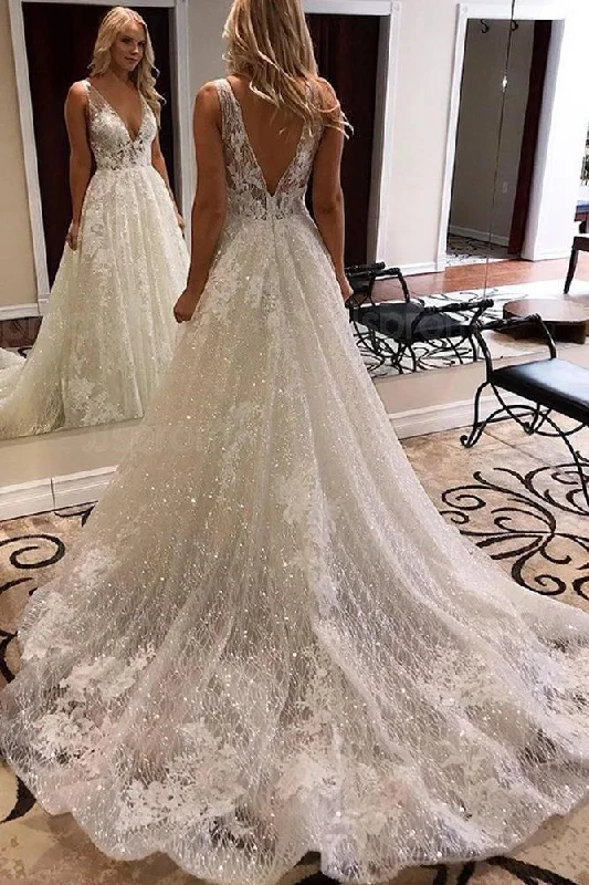 Trumpet wedding dressesNewest V-neck Backless Ivory Saprkly Lace Wedding Dress Bridal Gowns Y0034 Vintage Wedding Gown