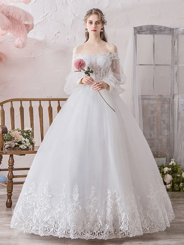 Chic wedding dressesPrincess Wedding Dress 2021 Ball Gown Silhouette Off The Shoulder Long Sleeves Natural Waist Floor-Length Bridal Gowns Floral Wedding Gown