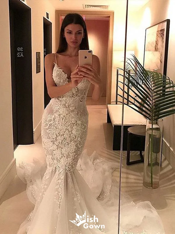 Courthouse wedding dressesSexy Mermaid Spaghetti Straps V Neck Sleeveless With Trailing Applique Popular Bridal Long Wedding Dresses, WDH124 Full Skirt Wedding