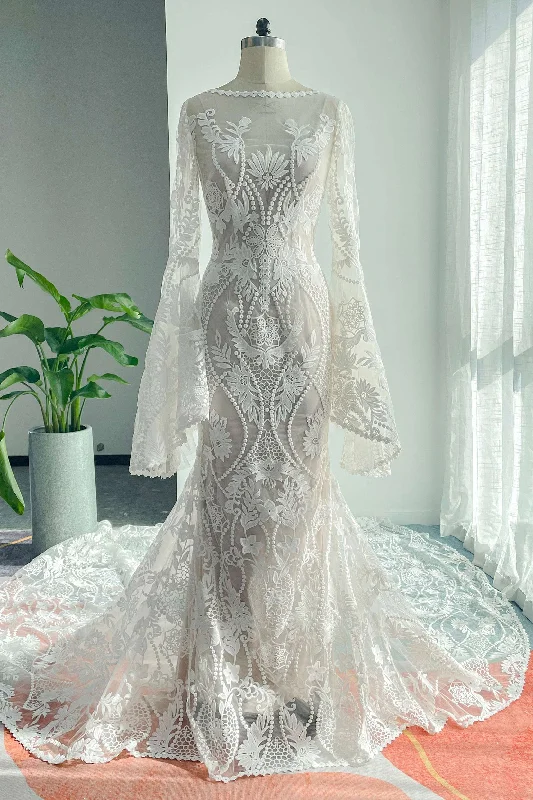 Sequin wedding dressesTrumpet-Mermaid Chapel Train Lace Tulle Wedding Dress CW3146 Long Sleeve Gown