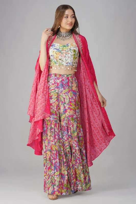 Designer unclassified skirtsRani pink multi leaf printed cape set Designer unclassified skirts