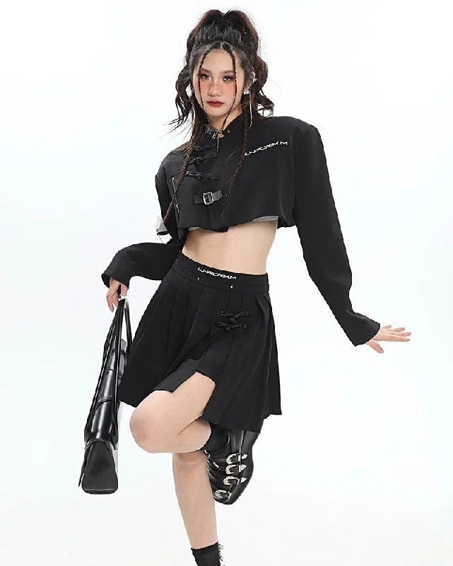 Club unclassified skirtsUNA Solid Color Black Multi Zippers Cropped Shirt Pleated Skirt Matching Set Club unclassified skirts