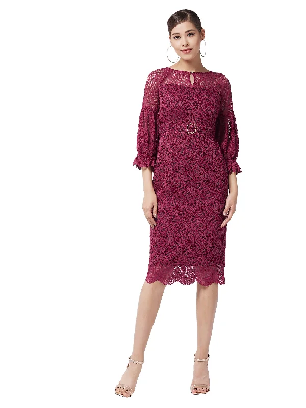 Birthday midi dressesMiss Chase Women's Maroon Round Neck Puff Sleeve Floral Lace Overlaid Midi Dress(MCAW21D13-47-143-05,Maroon,L) Birthday midi dresses