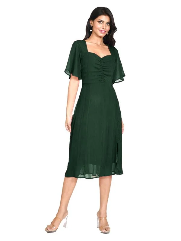 Best midi dresses for hourglass body shapeZink London Women's Bottle Green Solid Short Sleeves Midi Dress Best midi dresses for hourglass body shape