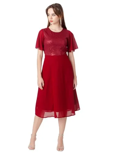 Stretchy midi dressesZink London Women's Maroon Embellished Flared Midi Dress Stretchy midi dresses