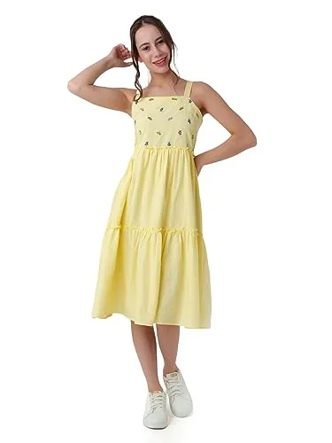 Holiday midi dressesZink London Women's Yellow Embroidered A-Line Midi Dress Holiday midi dresses