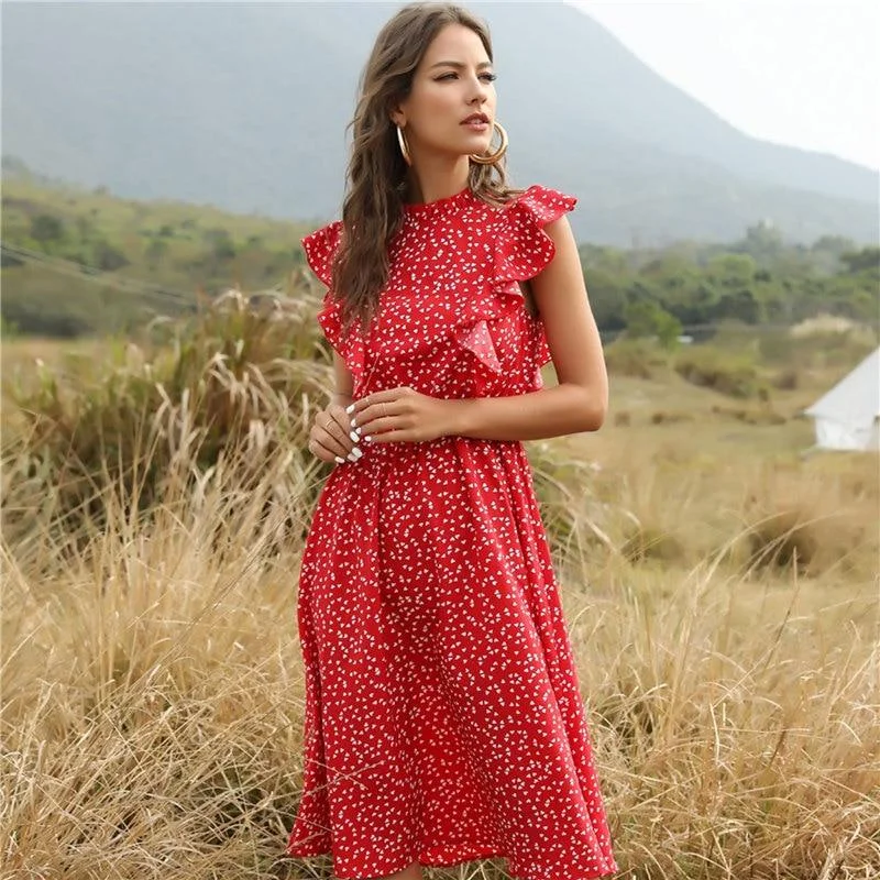 Short floral dressesDot Print Butterfly Sleeve Ruffles Medium Long Chiffon Dress Short floral dresses