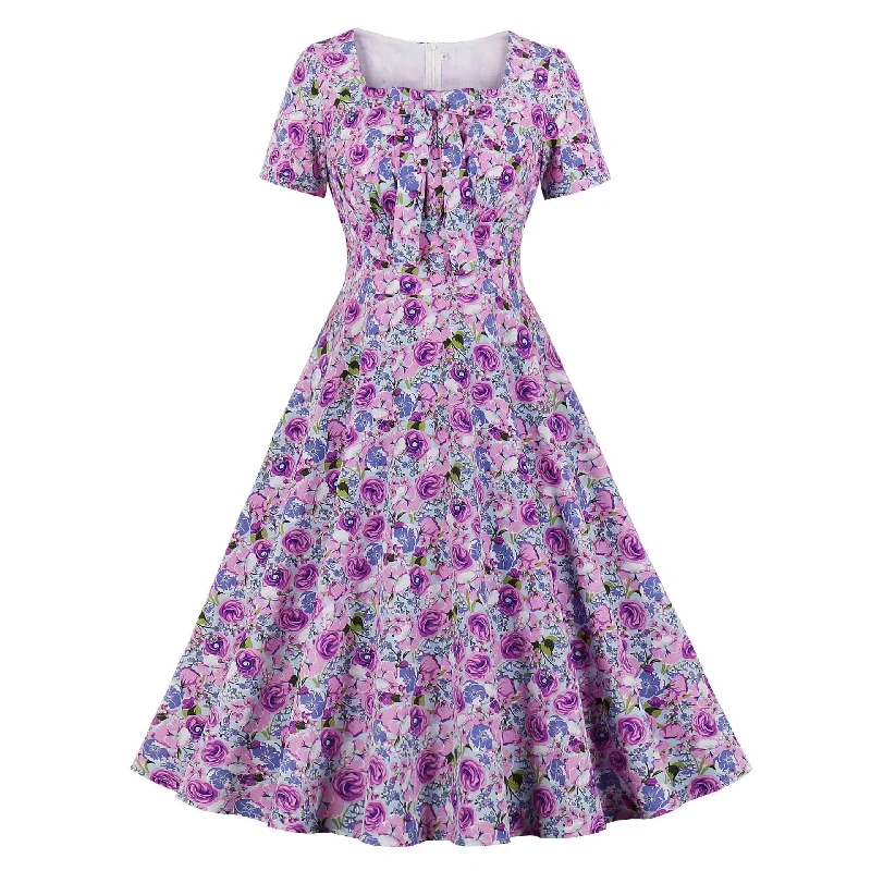 Date night floral dresses2023 Bohemian Beach Floral Women Casual Party Dress With Bow Short Sleeve 50s 60s Big Swing Rocakbilly Pin Up Vintage Sundress Date night floral dresses