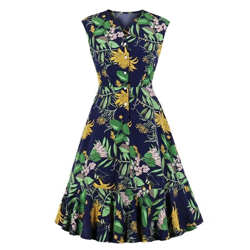 Cheap floral dresses2023 Botanical Print Vintage High Waist Elegant Ruffle Hem Runway Dresses Women V Neck Single Breasted Sleeveless Summer Dress Cheap floral dresses